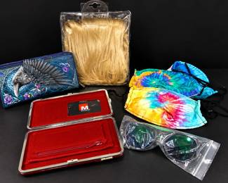 New Assorted Fashion Accessory Lot Mundi Wallet Raven Wallet Wig Masks and Sunglasses