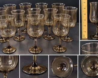 Set of 11 Vintage Smoke Brown Glass Wine Goblets Tall Stemmed Mid-Century Barware