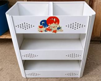 Retro White Metal Three Tier Kitchen Vegetable Storage Rack Bin Featuring Teapot Floral Motif Decor
