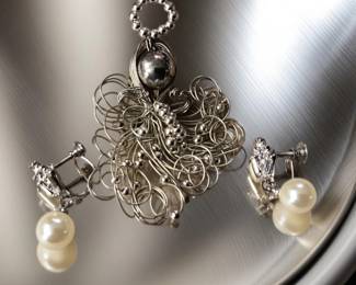 Vintage MCM Wirework Brooch & Screwback Earrings - Faux Pearl Rhinestone Set