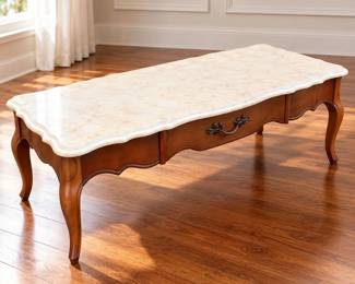 Vintage MCM Style Coffee Table with Drawer & Genuine Marble Top