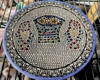 Large Holy Land Byzantine Style Mosaic Bird Design Decorative Ceramic Decor Blue Rim