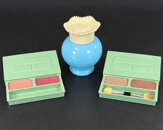 Vintage Clinique Green Compacts & Avon Blue My Heart Perfume Bottle Decorative Rim 3pc