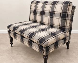 Plaid Upholstered Armless Settee / Loveseat with Turned Wood Legs