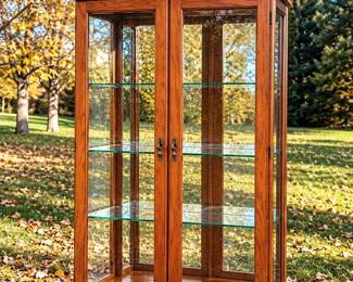 Elegant Oak Curio Display Cabinet with Stained Glass Arch, Glass Doors & 3 Glass Shelves
