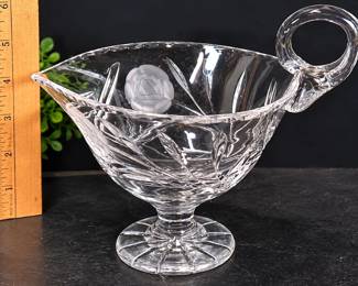 Vintage Cut Crystal Footed Gravy Boat Sauce Pitcher With Loop Handle & Floral Design - Violetta
