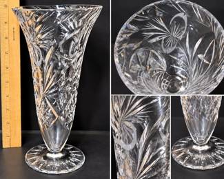 Vintage Bohemian Cut Crystal 10" Pedestal Vase Floral & Starburst Pattern