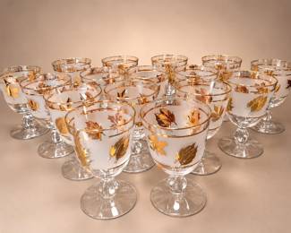16 Vintage Libbey Golden Foliage Frosted Gold Leaf Stemmed Water Goblets