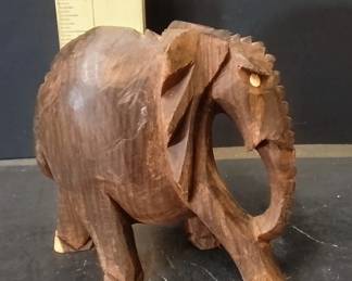 Hand-Carved Wooden Elephant Figurine, Detailed Folk Art Statue, Roughly 3.5 Inches Tall