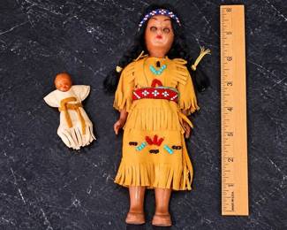 2 Vintage Native American Style Dolls Beaded Fringe Dress Mother & Baby