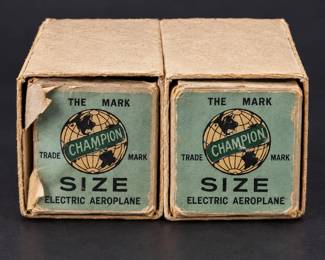 2 Antique Champion Aeroplane Spark Plugs Original Globe Logo Boxes Circa 1920s