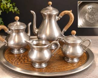Exceptional Royal Holland KMD Tiel Pewter Coffee Tea Service w/Wood Tray - 5pc