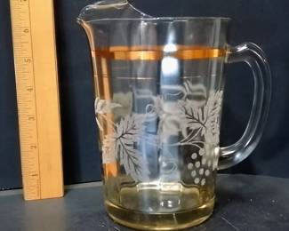Vintage Bartlett-Collins 7-Inch Grape & Leaf Glass Ice-Lip Juice Pitcher with Gold Band