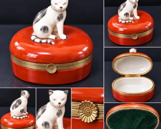 Vintage Porcelain And Ormolu Cat Trinket Box Gilt Metal Mounts
