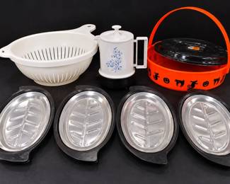 Assorted Kitchen and Halloween Lot Colander Electric Pot Sizzle Plates and Candy Basket