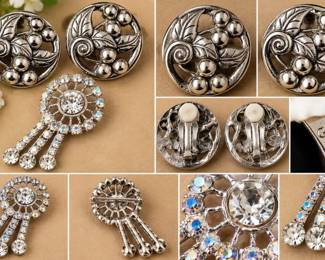 Vintage GJD (Ginnie Johansen Designs) Signed Floral Clip Earrings & AB Rhinestone Brooch