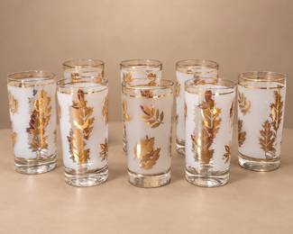 8pc Vintage Libbey Golden Foliage Frosted Gold Leaf Highball Glass Set