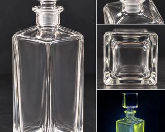 Vintage 10" Square Crystal Glass Decanter Geometric Stopper UV Reactive Manganese Glass