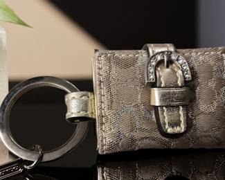 Coach Metallic Signature Jacquard Mini Wallet Keychain Rhinestone Buckle