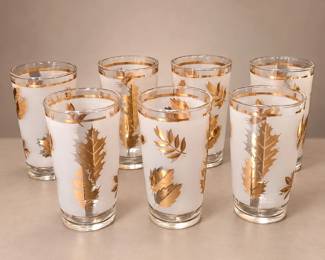 7 Vintage Libbey Golden Foliage Frosted Gold Leaf Cooler Glasses