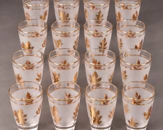16 Vintage Libbey Golden Foliage Frosted Gold Leaf Tumblers -Round Bases