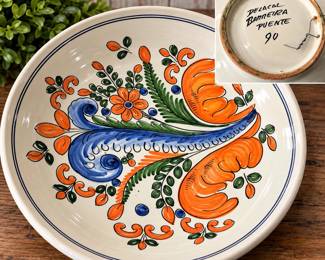 Large Vintage 1990 Hand Painted Folk Art Ceramic Serving Bowl Blue Orange Floral Signed