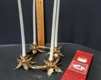 Vintage Hosley Solid Brass Holly Leaf Wreath 4-Taper Candle Holder w/ Williams-Sonoma Candles