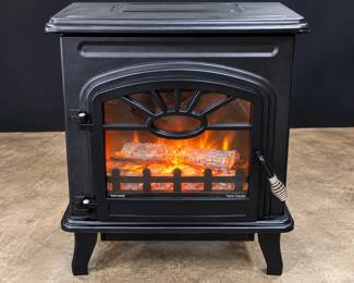 Freestanding Electric Fireplace Heater Black Cast Iron Style Stove Faux Logs Flame Effect