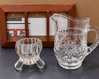 3 Pc Glass Pitcher, Footed Votive Candle Holder & Malden Triple Wood Picture Frame