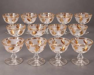 Set of 13 Midcentury Libbey Golden Foliage Frosted Gold Leaf Champagne/Tall Sherbet Glasses