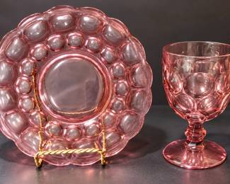 Pink Bubble Glass Goblet & Matching Plate Set