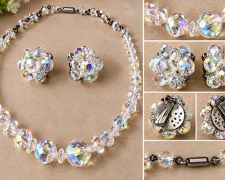 Vintage Clear AB Glass Bead Demi-Parure Necklace & Matching Cluster Clip-On Earrings
