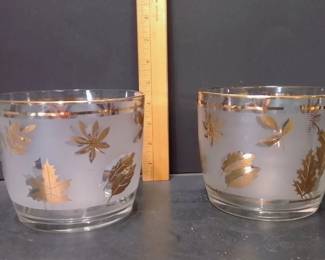 2 Vintage Libbey Golden Foliage Frosted Gold Leaf Glass Ice Buckets/Cocktail Bowls 5.5-Inch Diameter