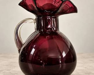 Vintage Fenton Style Deep Amethyst Purple Art Glass Pitcher Ruffled Rim Clear Applied Handle
