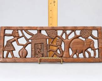Vintage Hand Carved African Wood Wall Panel Village Scene Elephant Tribal Folk Art