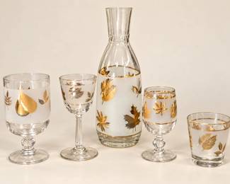 5pc Vintage Libbey Golden Foliage Frosted Gold Leaf Glass Lot Tall Carafe & 4 Assorted Glasses