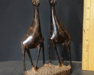 Hand-Carved Wooden Giraffe Sculpture Featuring Two Stylized Giraffes Standing Side By Side