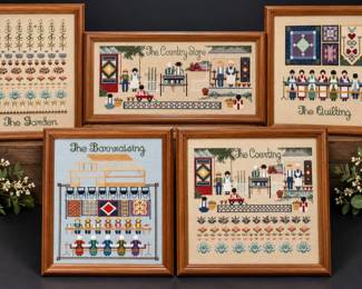 Handmade Told in a Garden 5pc Framed Amish Country Cross-Stitch Sampler Set