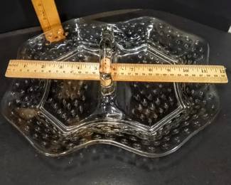 Vintage 12x10" Clear Pressed Glass Divided Relish Dish With Central Handle And Hobnail Pattern