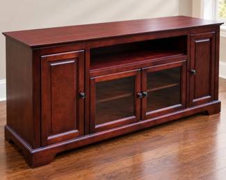 Like New Cherry Finish Entertainment Center TV Console with Glass Doors, Cabinets & Shelves