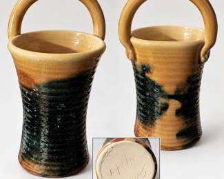 Signed Studio Art Pottery Basket Vase Green & Tan Glaze Loop Handle Dated 2004