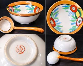 Vintage Hand Painted Floral Ceramic Serving Bowl & Matching Ladle Orange Rim 2 Pc Set