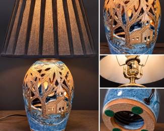 Handcrafted Blue Glazed Table Lamp Pierced Woodland Church Scene with Black Pleated Shade