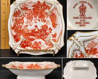 Royal Crown Derby Red Aves A.74 Footed Handled Dish English Bone China