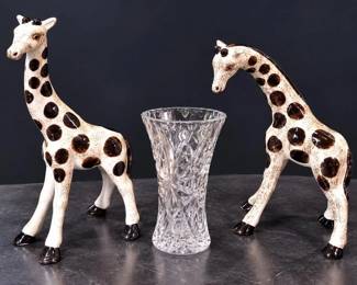 Vintage Lefton Style Spotted Ceramic Giraffe Figurine Pair & Cut Crystal Glass Vase 3pc Lot