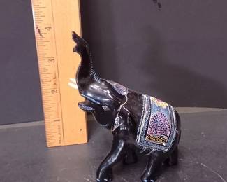 Thai Black Lacquer Hand-Carved Wood Elephant Figurine With A Raised Trunk For Good Luck