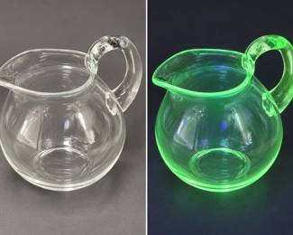 Vintage Clear Glass Pitcher Green UV Reactive Glow Applied Handle