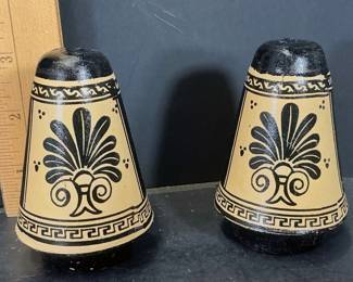 Vintage Greek Black-Figure Ceramic Salt & Pepper Shakers With Mythological Motifs