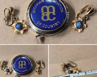 Vintage Michigan Association of Counties Tape Measure & Blue Cats-Eye Clip Earrings
