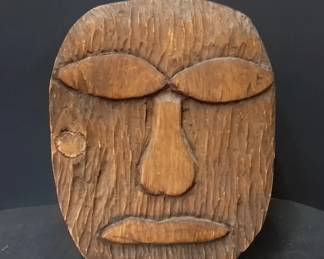 12" Hand-Carved Folk Art Mask Plaque Signed "PH". Unique 1970s Style Accent